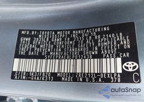 2020 Toyota Corolla Le z USA, uszkodzony, nr VIN 5YFEPRAE8LP012438